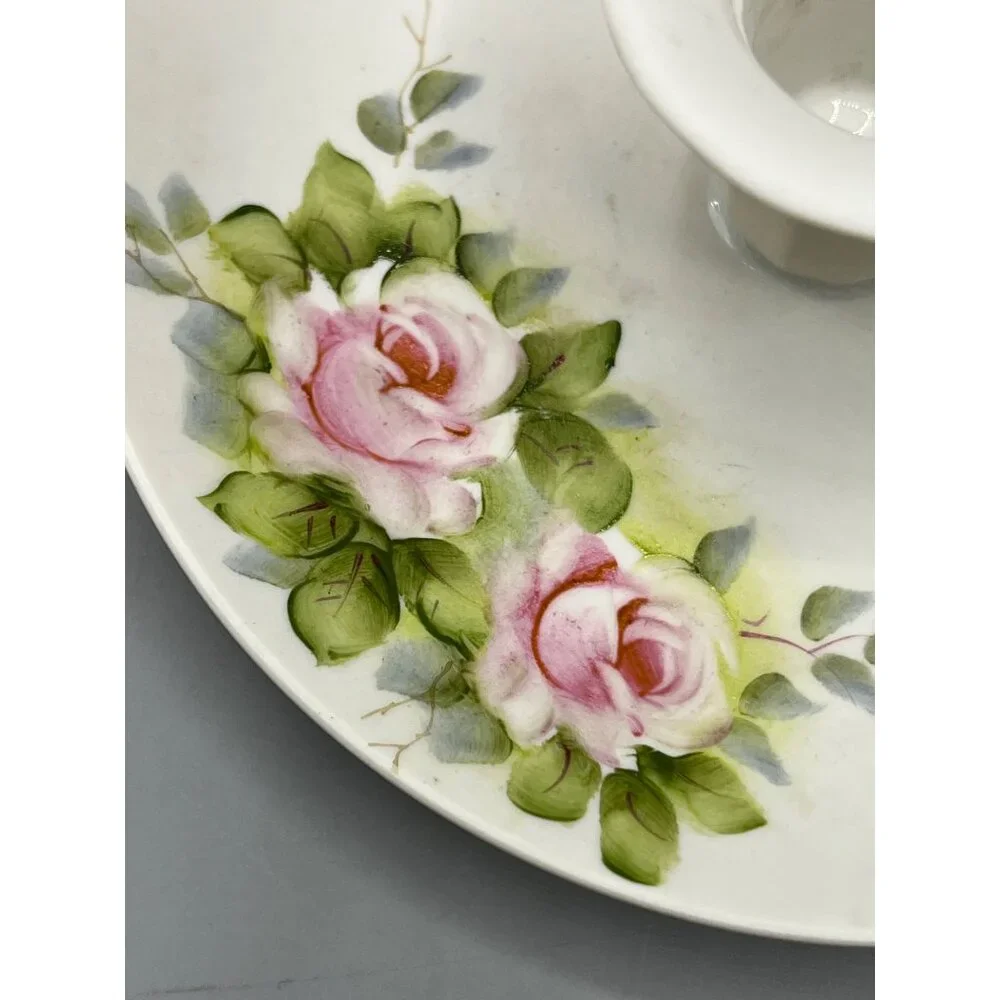 Vtg Hand-Painted Floral Porcelain Chamberstick Candle Holder Cottage Shabby Chic